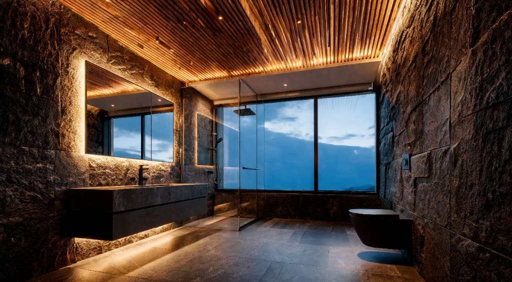 Luxury bathroom with stone walls and ocean view at twilight