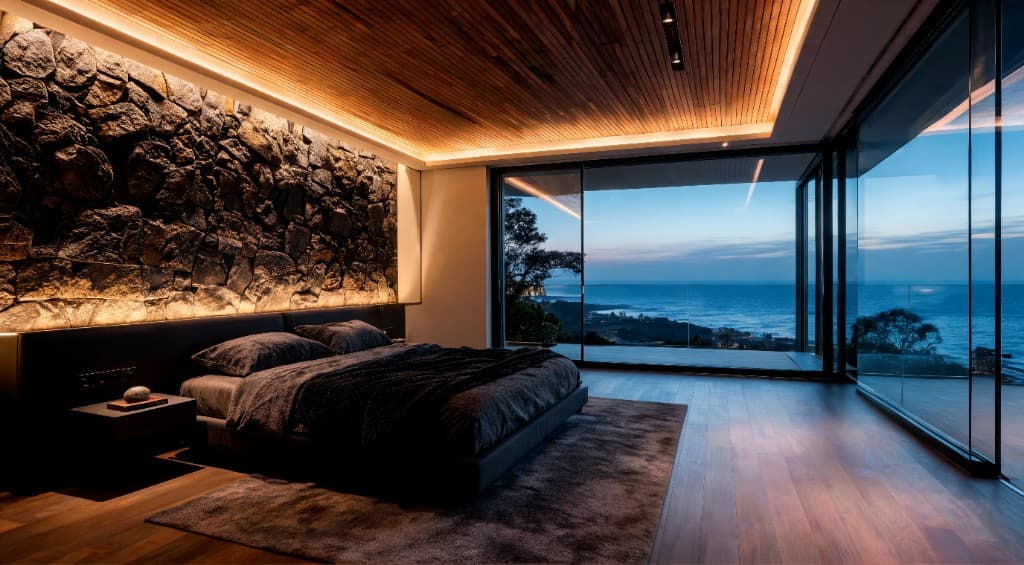 Luxury bedroom with stone feature wall and ocean view at dusk