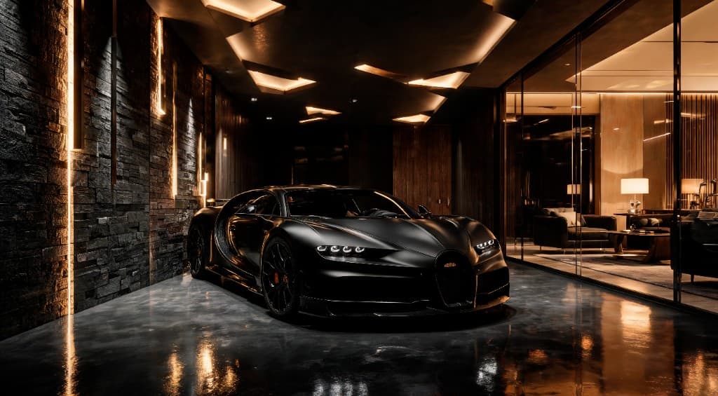 Modern garage with luxury car and view into adjacent living space