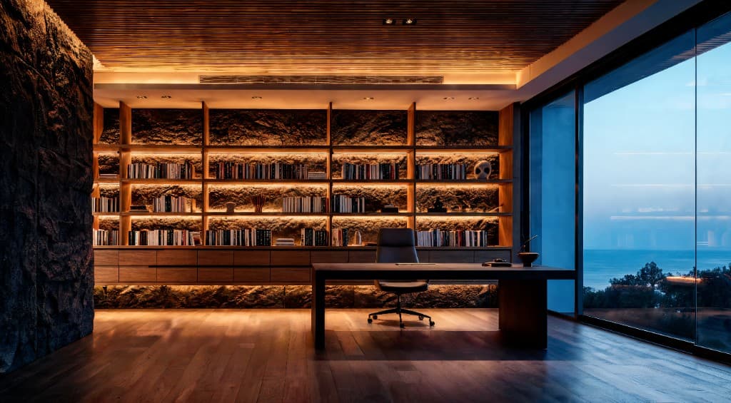 Home office with illuminated bookshelf and ocean view at twilight