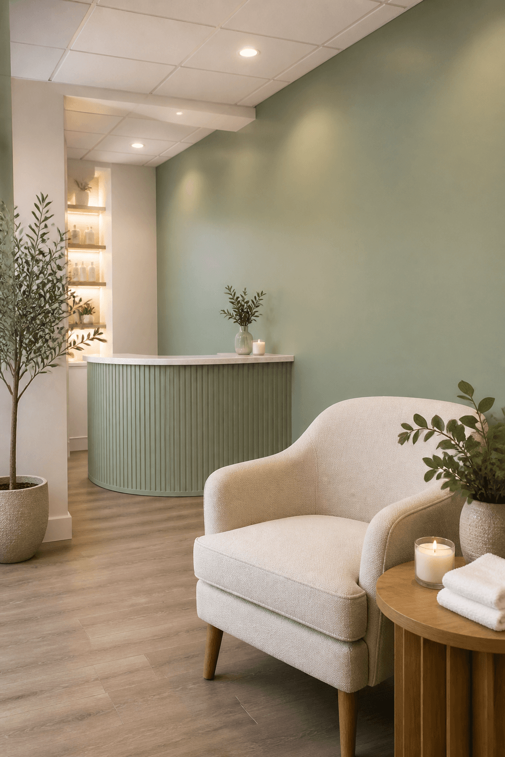 Calm sage-green reception area at Rolf91 Skincare Center, Little Ferry NJ