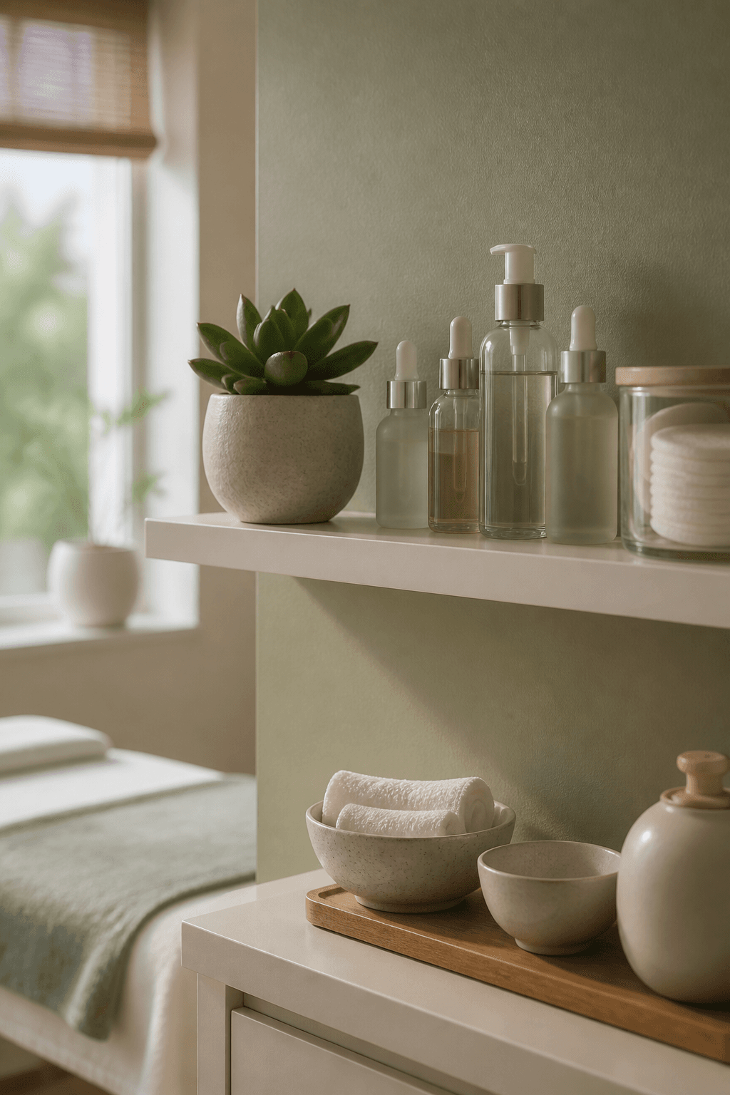 Skincare product shelf detail at Rolf91 Skincare Center, Little Ferry NJ